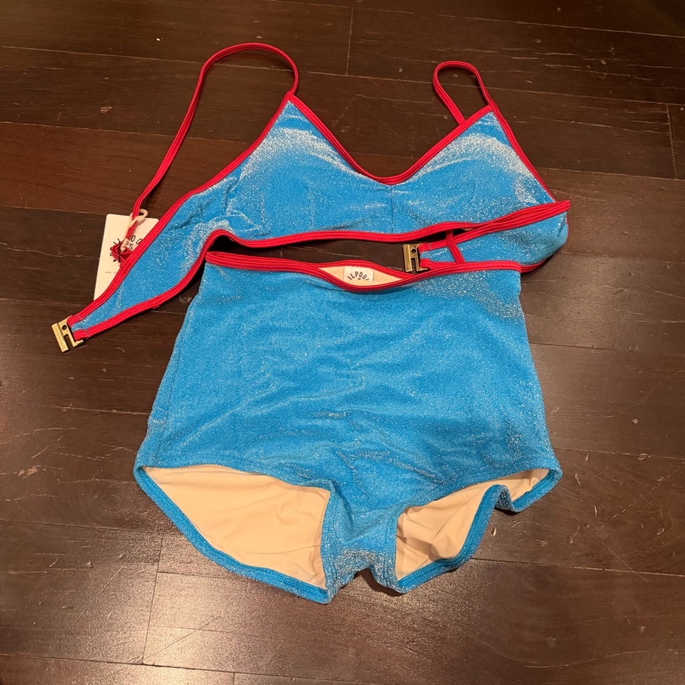 NWT AprilPoolDay Daisies Two Lurex set Blue Two-Piece High-Waist Bikini - Picture 4 of 7